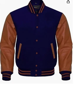 Varsity Letterman Bomber Jacket Marine Blue Wool & Brown Leather Sleeves - Picture 1 of 2