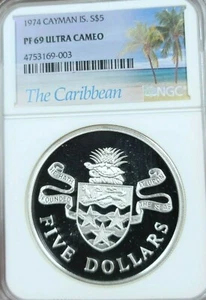 1974 CAYMAN ISLANDS SILVER 5 DOLLARS NGC PF 69 ULTRA CAMEO BEAUTIFUL COIN - Picture 1 of 4