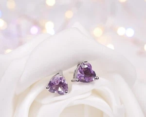 Beautiful Pair of Gemporia Amethyst Sterling Silver Heart Shape Stud Earrings - Picture 1 of 6