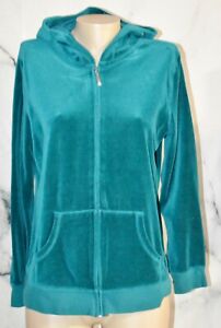 MADE FOR LIFE Emerald Green Velour Zipfront Hoodie Large Front Pockets