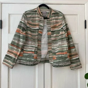 Chico’s Größe 2 abstrakt gestreift Baumwolle Rüschen vorne offen Jacke Chicos Large - Bild 1 von 9