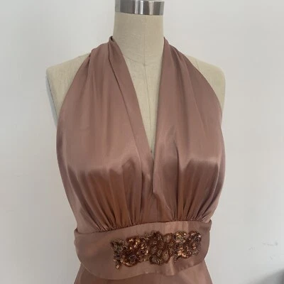 Silky Halter Dress Backless Nude Color Champagne Long Formal Dress Holiday Dress - Image 1 of 4