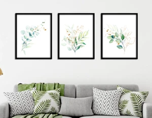 Eucalyptus Botanical Prints Set of 3 Green Gold Wall Art Home Decor Watercolour - Picture 1 of 6