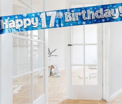 OAKTREE Happy 17th Birthday Blue Holographic Foil banner 17th Birthday party Decorations
