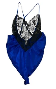VTG Fredericks Of Hollywood Blue Black Lace Satin Teddy Romper Silk Nylon M USA - Picture 1 of 8