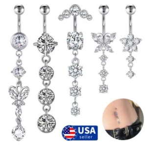 5Pcs 14G Stainless Steel Dangle Belly Button Rings for Women CZ Navel Piercing - Picture 1 of 7