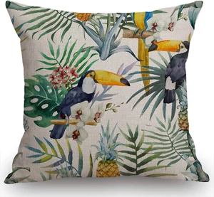 Tropical Summer Pineapple Parrot Watercolor Cotton Linen Throw Pillow Case Home - Picture 1 of 4