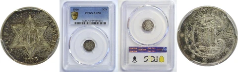 1866 Silver Three Cent Piece PCGS AU-50 Cover