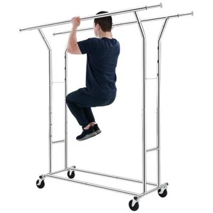 Heavy Duty Collapsible Commercial Clothing Garment Rack Rolling Chrome US - Picture 1 of 25