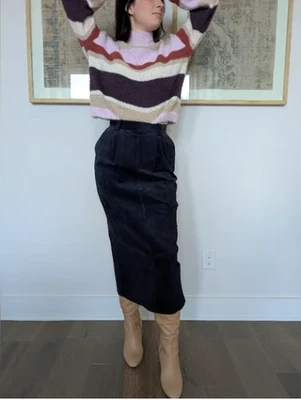 Vintage REAL Suede Midi Pencil Skirt Women's 12 in Navy High-waist - Image 1 of 4