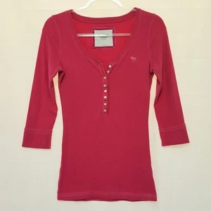 Abercrombie Fitch A&F Y2K Fushia Pink Wmn's Baby Button Henley Sz L Moose Logo - Picture 1 of 6