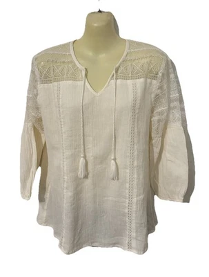 Garnet Hill Top Womens 4 Lace Shoulder Pullover Boho Shirt Organic Cotton - Image 1 of 4