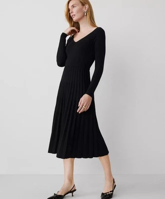 Nwot ANN TAYLOR $149 BLACK V-NECK PLEATED SWEATER DRESS SZ S SMALL - Image 1 of 3