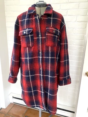 LEVI'S MUJER ABRIGO LARGO ROJO A CUADROS MEZCLA DE LANA ESTILO CHAMARRA FORRADO SHERPA XL Foto 1 de 4
