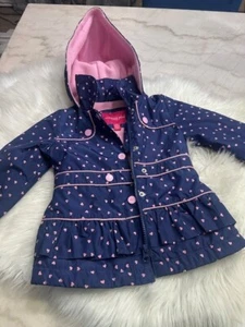 Toddler London Fog Blue Hooded Jacket Pink Heart Polka Dots Fleece lined 2T - Picture 1 of 4