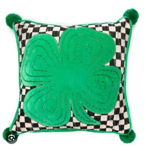 Mackenzie Childs Pillow Lucky Clover 4 Leaf   17x17” Green Velvet Pompons - Picture 1 of 6