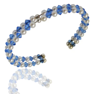 Bracciale alla schiava 2 fili cristalli swarovski sapphire argento 925 e perline - Immagine 1 di 2