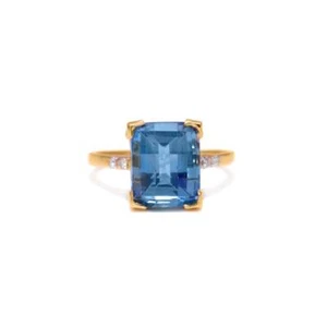6.90 Ct London Blue Topaz & Natural Diamonds Prong Ring 10K Solid Yellow Gold - Picture 1 of 5