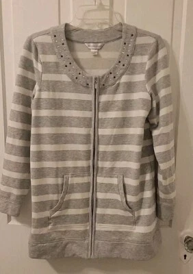 Sudadera Christopher & Banks blanca/gris a rayas con pedrería cremallera completa para mujer M Foto 1 de 4