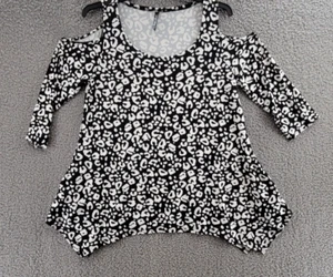 White Mark Plus Size Leopard Cold Shoulder Tunic Top 1XL Black/White 3/4 Sleeve - Picture 1 of 14