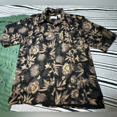 Camisa de seda Bill Blass XL negra beige floral manga corta abotonada Aloha para hombre Foto 1 de 4