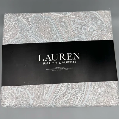 4pc Ralph Lauren Paisley KING Sheet Set Taupe Gray Light Blue XDeep Mattress NEW - Image 1 of 4