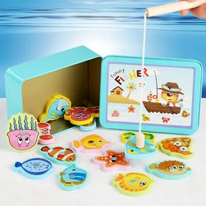 Magnetic Fishing Game Wooden Bright Colors Easy Catch Baby Fishing Toy - Photo 1/12