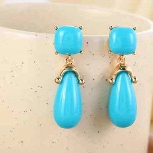 TURQUOISE GEMSTONE LADIES ITALIAN GOLD FILLED DANGLE DROP EARRING 4.5CM L - Picture 1 of 4