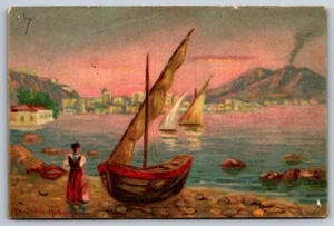 Postcard Undivided Back Painting Sunset Sailboat Volcano - Picture 1 of 2