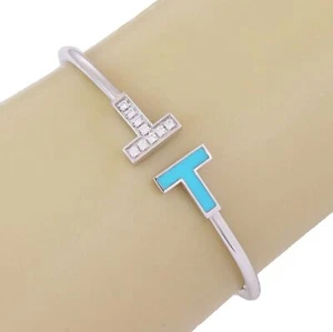 Tiffany & Co. T Wire Diamond Turquoise 18k White Gold Cuff Bangle Bracelet - Picture 1 of 5