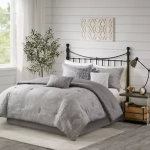 NEW! ~ CHIC MODERN ELEGANT GREY COZY GEOMETRIC TEXTURED 7 PIECE COMFORTER SET - Picture 1 of 5
