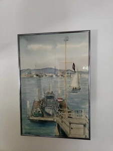 Meer und Maritim Aquarell Gemälde Boote Dock Künstler signiert T.R. Rutter 1953 - Bild 1 von 10