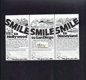PSA PACIFIC SOUTHWEST GIVE YOU LIFT SMILING 727 1974 TO HOLLYWOOD-DISNEYLAND AD - Bild 1 von 1