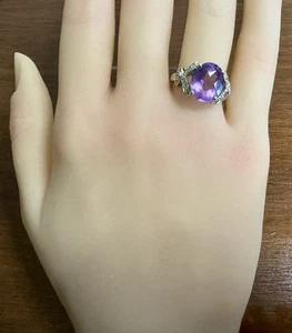 14K Weißgold großer facettierter ovaler Amethyst Diamant Akzent Band Schleife Ring Gr. 7 - Bild 1 von 8