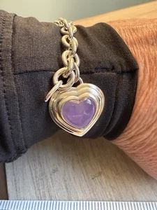 Bracelet Sterling Silver Link Heart Shaped Charm Purple Jade Bezel Set 7.75” CNA - Picture 1 of 9