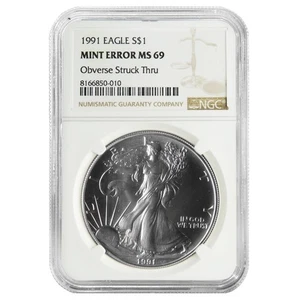 1991 $1 1-oz American Silver Eagle NGC MS69 Mint Error Obverse Strike Thru - Picture 1 of 2