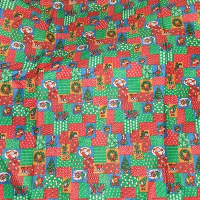 VINTAGE CHRISTMAS FABRIC SM POSTAGE STAMP SIZE PATTERN RED SANTA TREES DEER BTY - Image 1 of 4