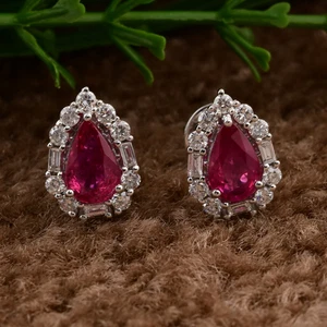 2.85 Tcw Lab Grown CVD Diamond Ruby Gemstone Pear Stud Earrings 14k White Gold - Picture 1 of 11