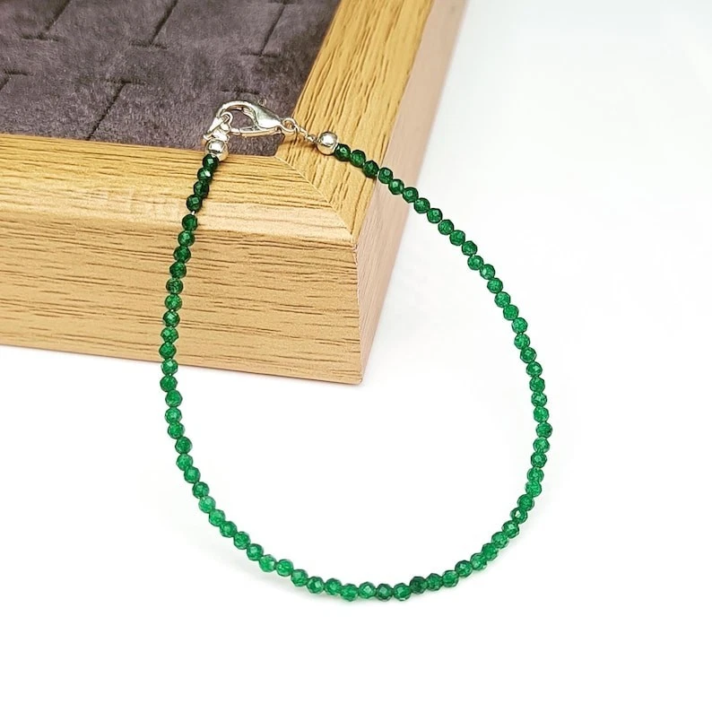 2MM Green Onyx Faceted Round Gemstone Beaded Handmade Minimalist Bracelets 6-8" - Image 1 of 4