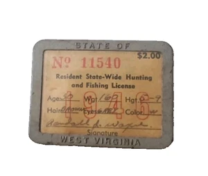 Principios de 1940 Virginia Occidental, licencia de caza y pesca, pin de marco de metal - Imagen 1 de 2
