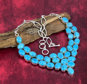 Blue Turquoise Gemstone Handmade 925 Solid Silver Adjustable Necklace Jewelry - Picture 1 of 5