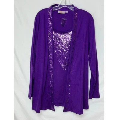 NWOT Quacker Factory Women’s 1X Purple Long Sleeve Open Front Cardigan Tank Set - Image 1 of 4