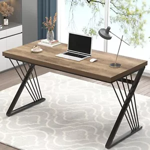 53 Inch Oak Desk, Modern Wood and Metal Computer Desk for Home Office - Picture 1 of 9
