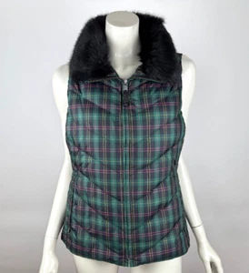 Talbots Faux Fur Collar Down Puffer Vest Women MP NWOT Full Zip Sleeveless Green - Picture 1 of 13