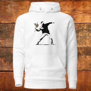 BANKSY BLUMENWERFER UNISEX HOODIE SWEATSHIRT PEACE BOMB GRAFFITI NEU mit Etikett - Bild 1 von 7