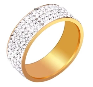 8mm Stainless Steel 5 Rows Shiny Crystal Unisex Golden/Black Wedding Band Ring - Picture 1 of 5
