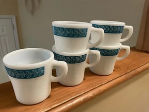 VTG 5 Pyrex Corning Tableware Turquoisel Bluegrass Laurel Leaf Coffee Mug Cup - Picture 1 of 4