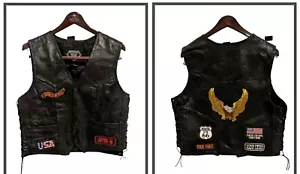 Motorcycle Vest Diamond Plate Buffalo Leather Black Men's Sz 42 Medium Patches - Picture 1 of 12