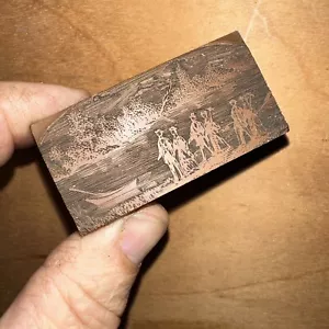 Print Block “ Couples Walking Next To Lake, Rowboat” Late 1800’s. Great Details! - Picture 1 of 7