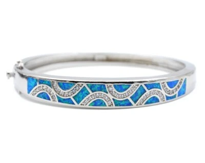 Hawaii Blue Opal Wave Bangles Cuff 925 Sterling Sliver Jewelry For Women Girls - Image 1 of 4